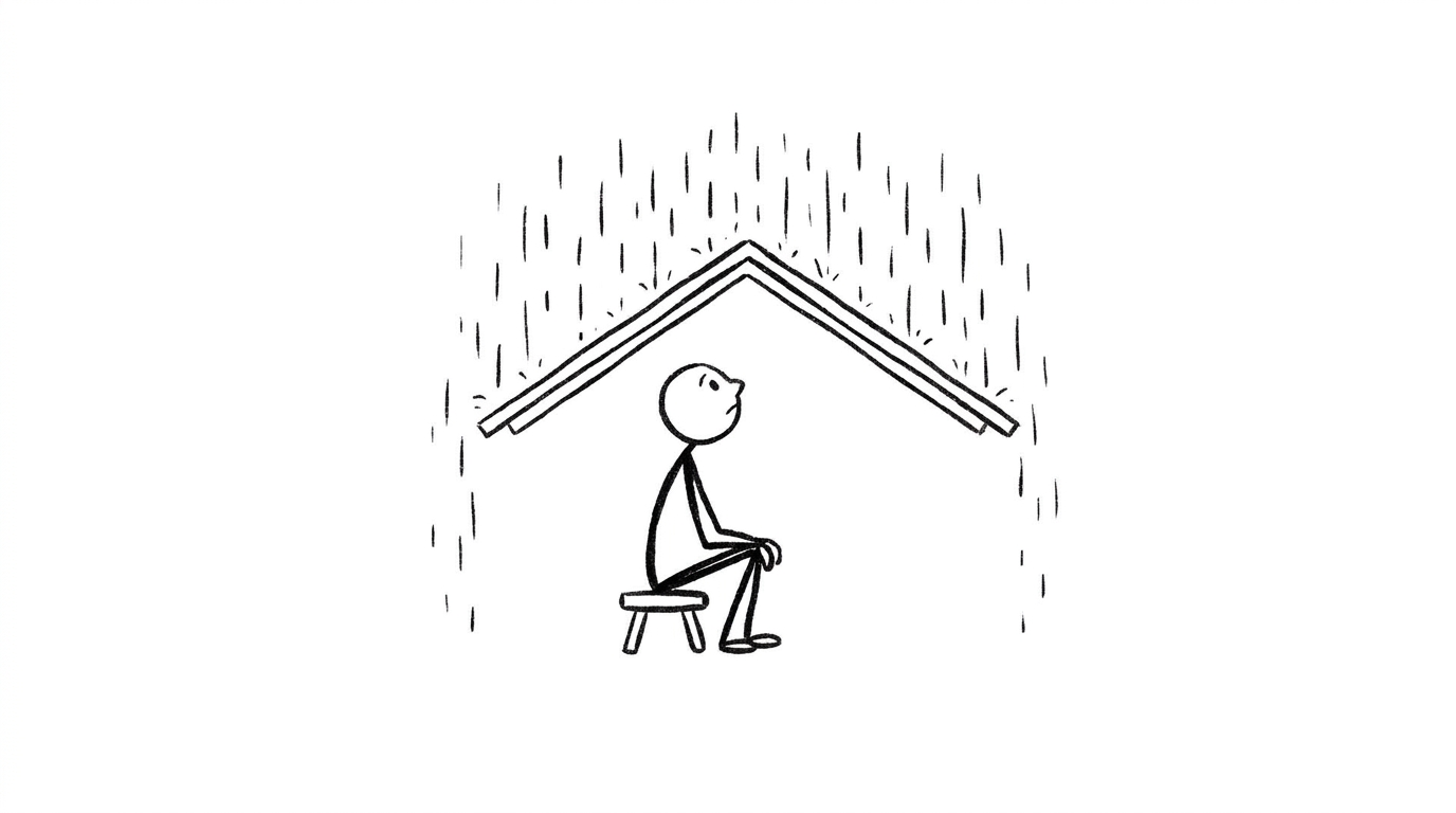 Người que ngồi trú mưa dưới mái hiên